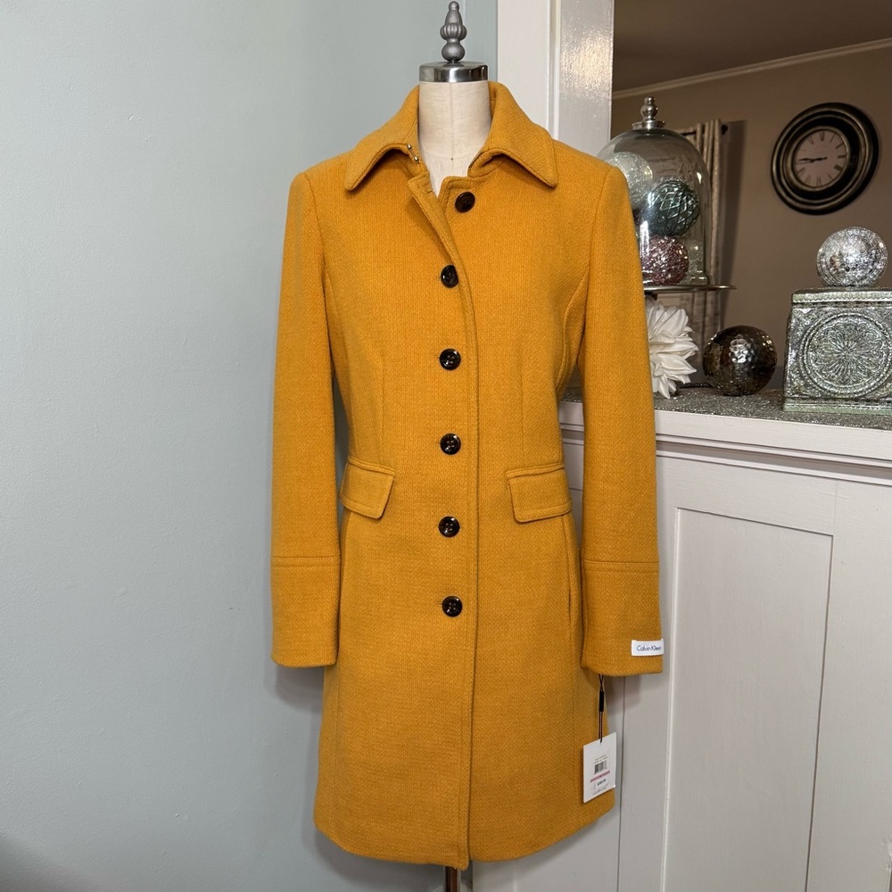 NWT Calvin Klein Single Breasted Wool Pea Coat Winter Dress Coat Mustard Size 6 - Picture 4 of 14